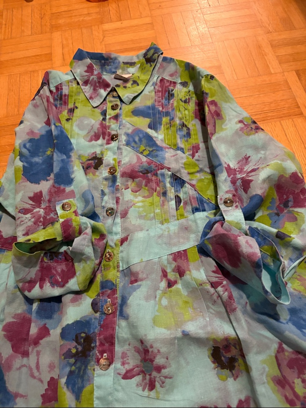Click Floral Button-Up Sheer Blouse in Aqua, Blue, Green & Magenta - Picture 9 of 10